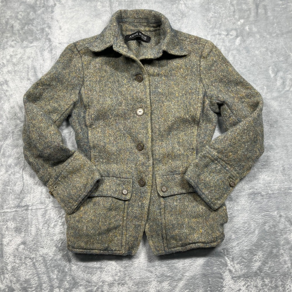 Anne Klein Wool Blend Field Jacket Womens 4 Green Tweed Button Front Blazer